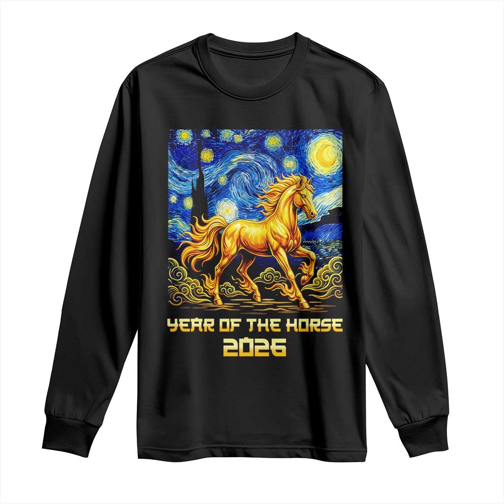 Year of the Horse Starry Night Inspired Graphic Long Sleeve Shirt Golden Horse Chinese Zodiac Art TS02 Black Print Your Wear