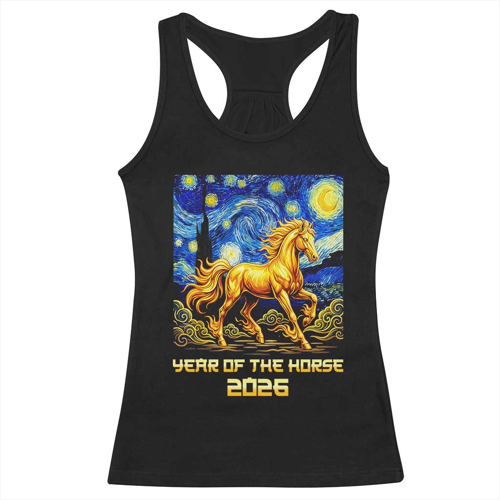 Year of the Horse Starry Night Inspired Graphic Racerback Tank Top Golden Horse Chinese Zodiac Art TS02 Black Print Your Wear