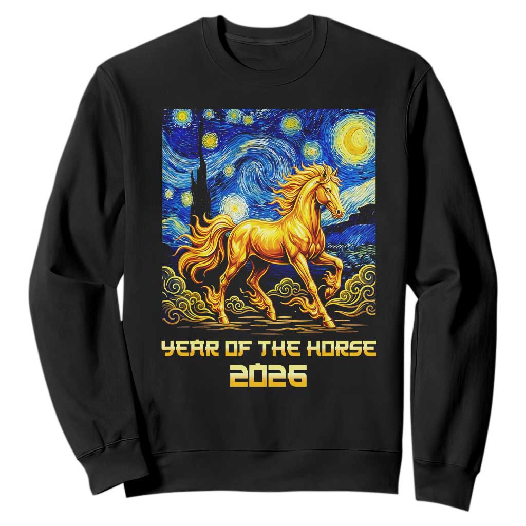 Year of the Horse Starry Night Inspired Graphic Sweatshirt Golden Horse Chinese Zodiac Art TS02 Black Print Your Wear