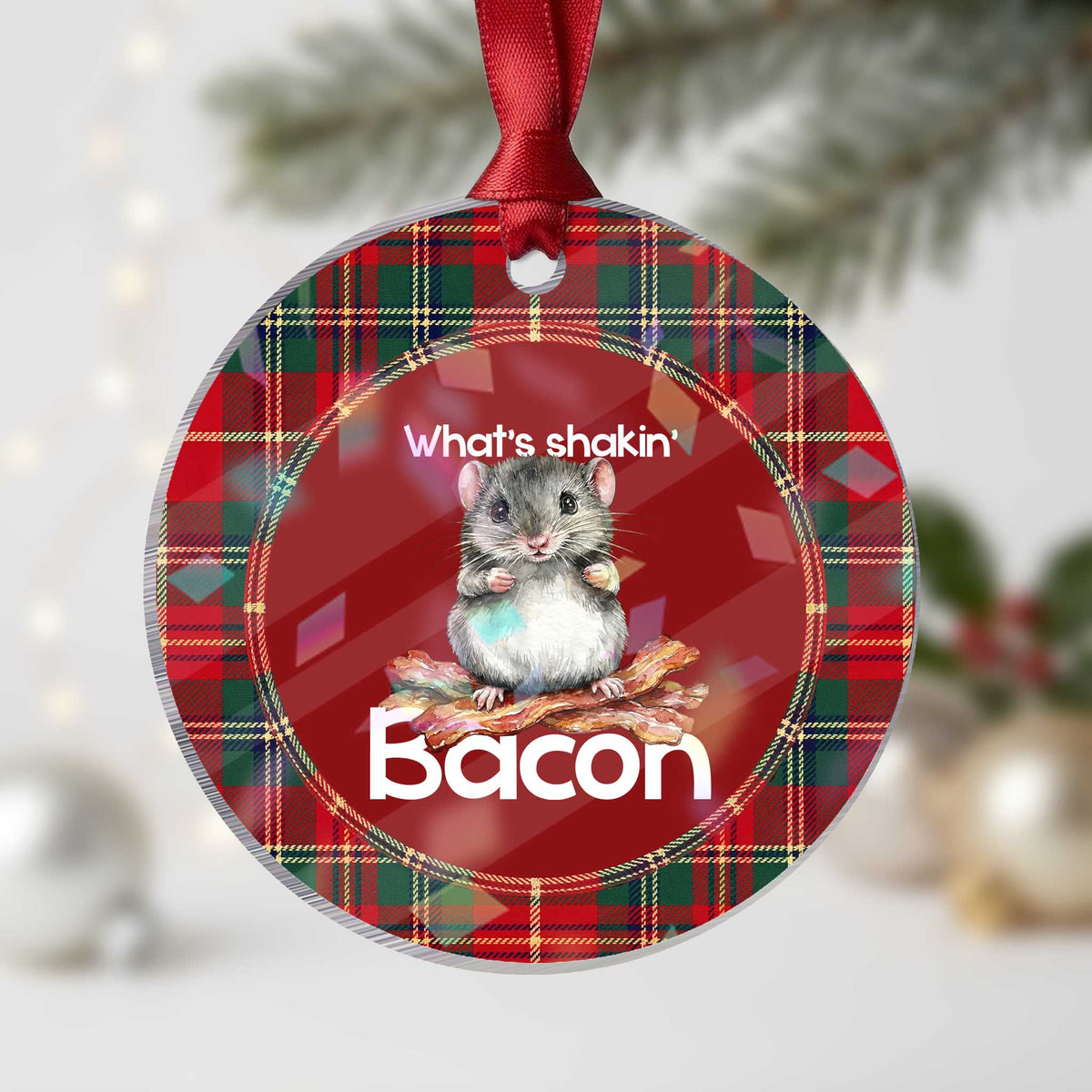 What is Shakin Bacon Funny Mouse Holographic Acrylic Ornament Pun Animal Humor