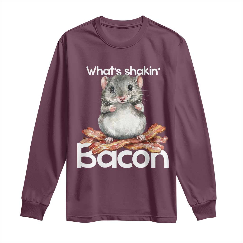 What is Shakin Bacon Funny Mouse Long Sleeve Shirt Pun Animal Humor TS02 Maroon Print Your Wear