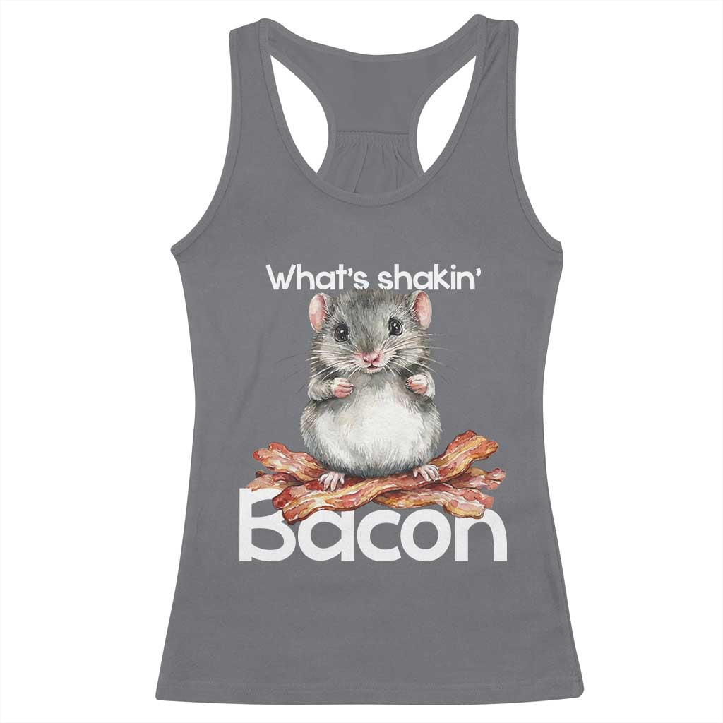 What is Shakin Bacon Funny Mouse Racerback Tank Top Pun Animal Humor TS02 Charcoal Print Your Wear