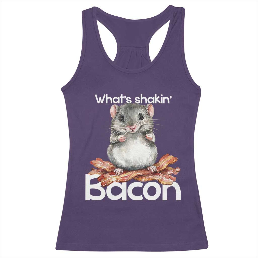 What is Shakin Bacon Funny Mouse Racerback Tank Top Pun Animal Humor TS02 Purple Print Your Wear