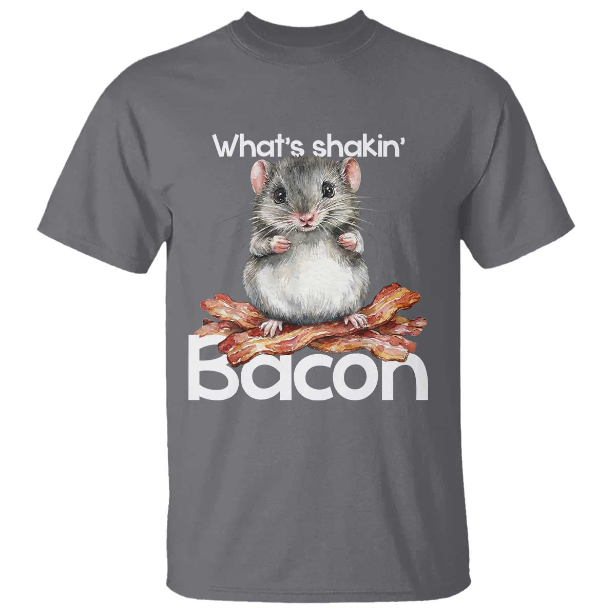 What is Shakin Bacon Funny Mouse T Shirt Pun Animal Humor TS02 Charcoal Print Your Wear