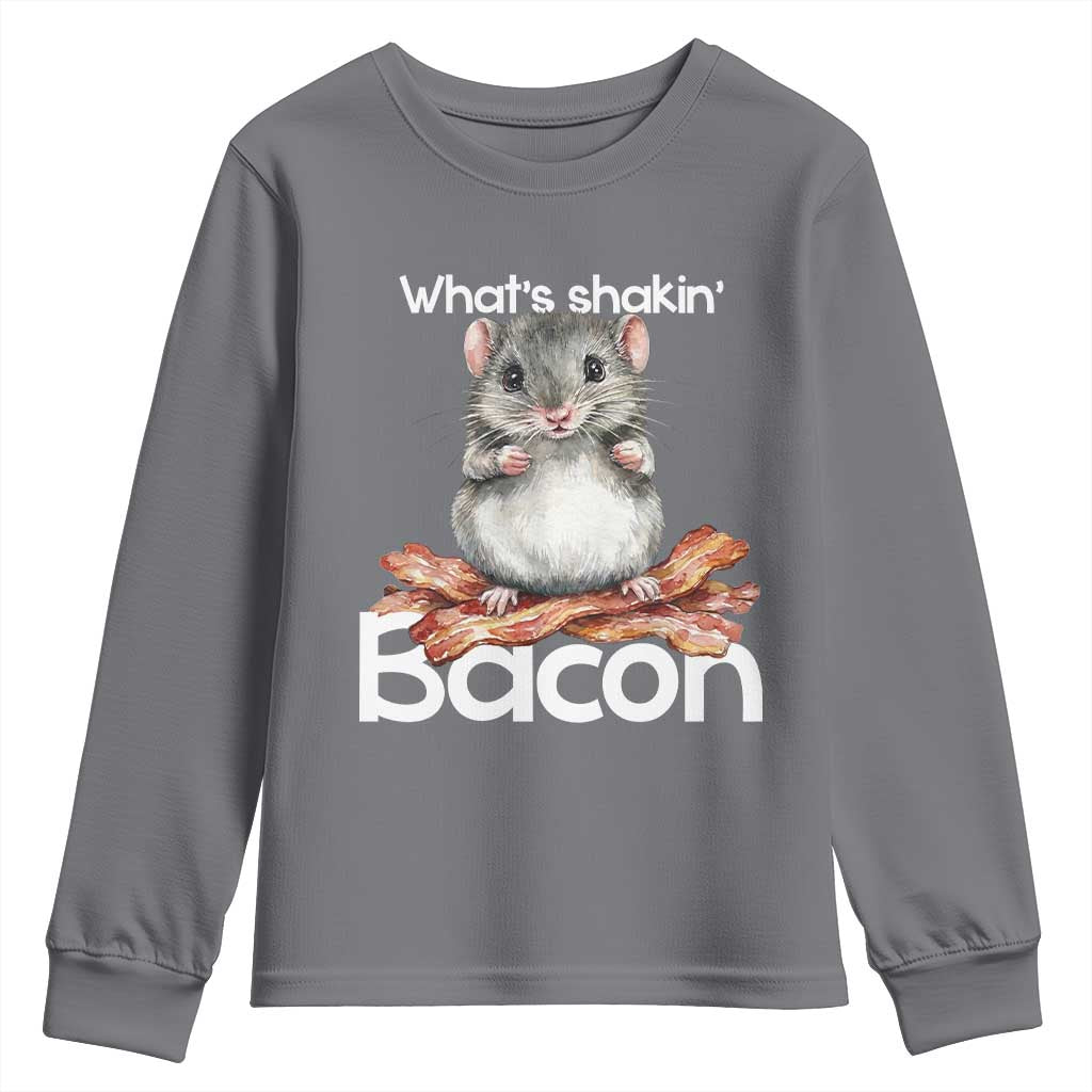 What is Shakin Bacon Funny Mouse Youth Sweatshirt Pun Animal Humor TS02 Charcoal Print Your Wear