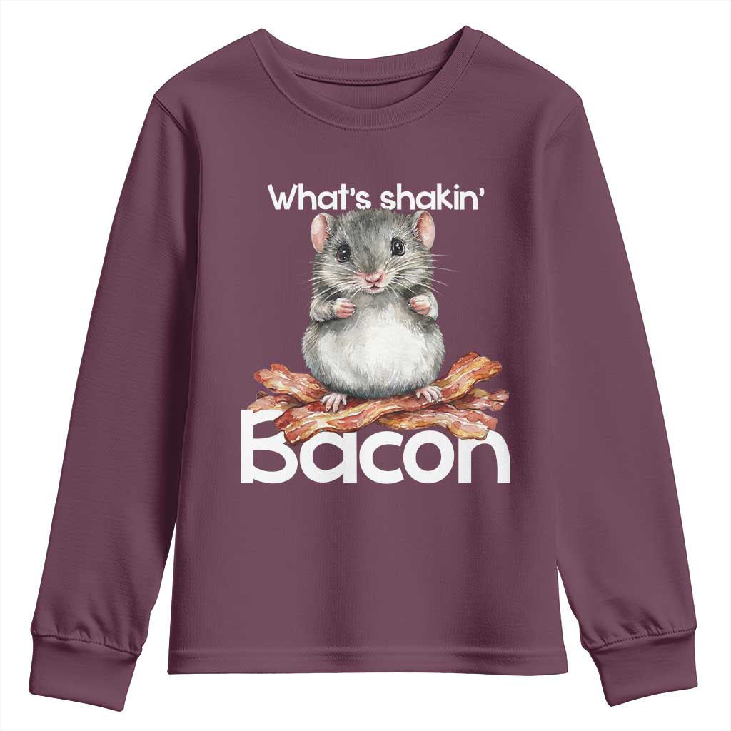 What is Shakin Bacon Funny Mouse Youth Sweatshirt Pun Animal Humor TS02 Maroon Print Your Wear