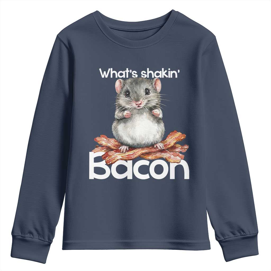 What is Shakin Bacon Funny Mouse Youth Sweatshirt Pun Animal Humor TS02 Navy Print Your Wear