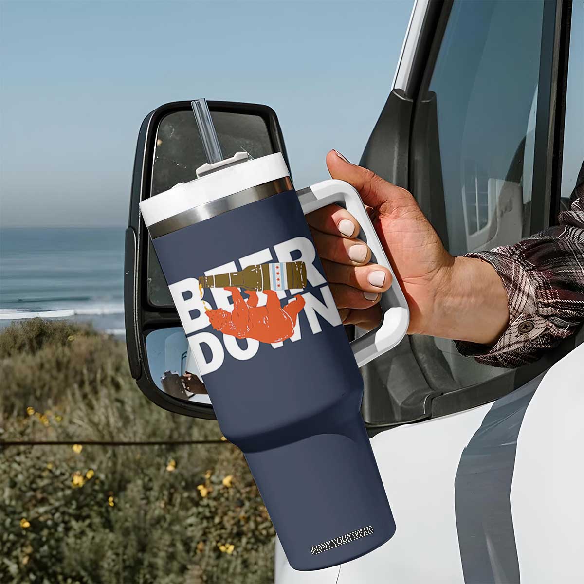 Funny Drinking Bear Beer Down Tumbler With Handle Tailgate Gift for Football Fans TS02 Print Your Wear