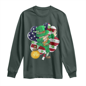 Cute St Patricks Day Long Sleeve Shirt Dabbing Leperchaun American Flag Shamrock TS02 Dark Forest Green Print Your Wear