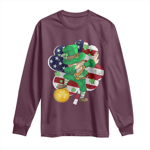 Cute St Patricks Day Long Sleeve Shirt Dabbing Leperchaun American Flag Shamrock TS02 Maroon Print Your Wear