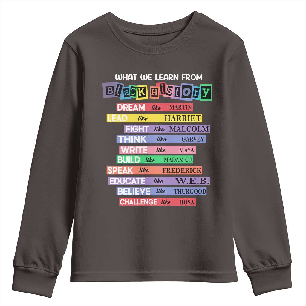 What We Learn From Black History Youth Sweatshirt Celebration African American Roots Pride TS02 Dark Chocolate Print Your Wear