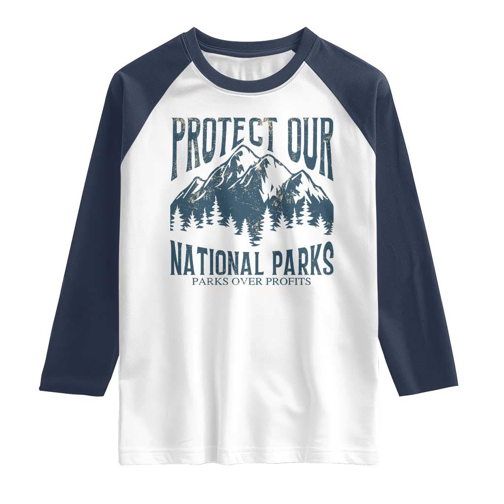 Protect Our National Parks Raglan Shirt Retro Mountain Nature Graphic TS02 White Navy Print Your Wear