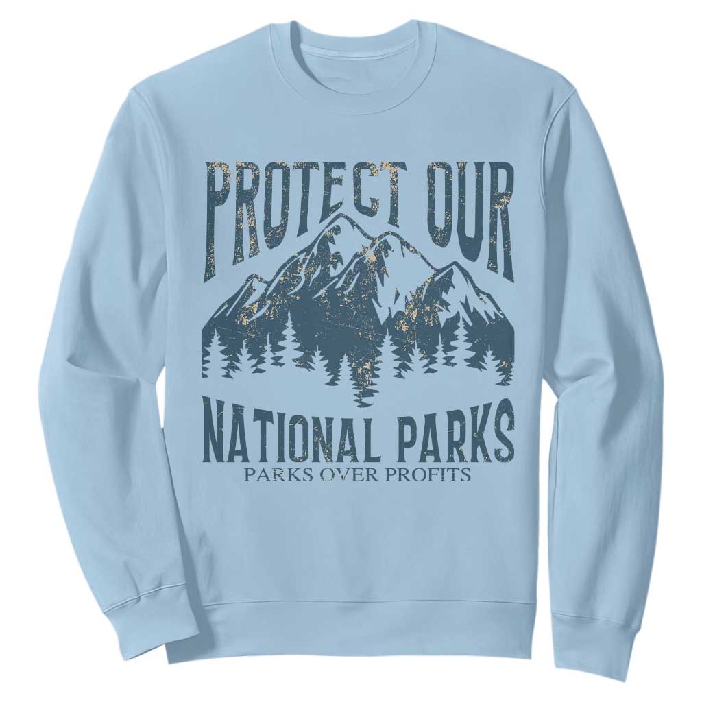 Protect Our National Parks Sweatshirt Retro Mountain Nature Graphic TS02 Light Blue Print Your Wear