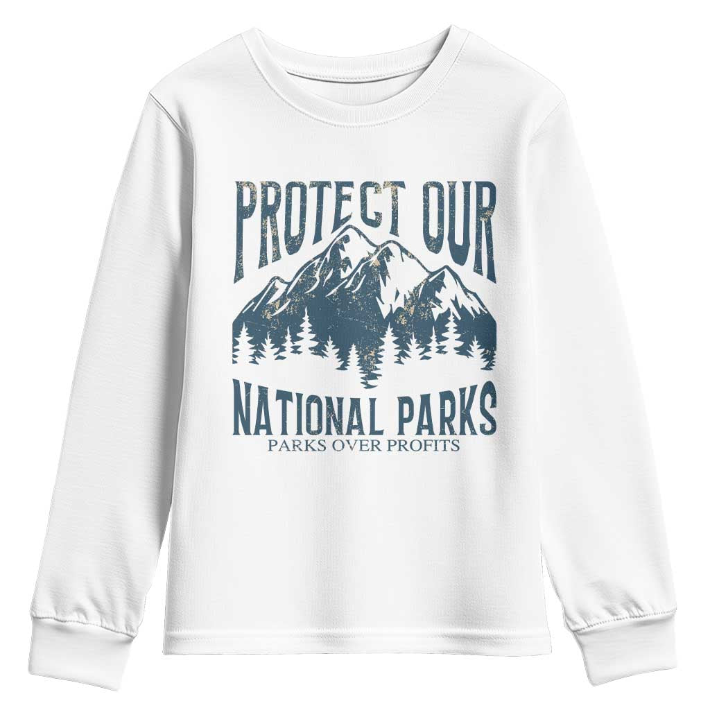 Protect Our National Parks Youth Sweatshirt Retro Mountain Nature Graphic TS02 White Print Your Wear