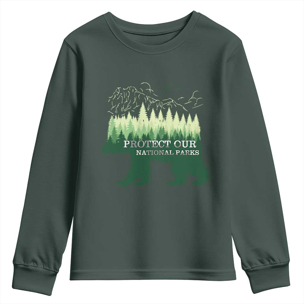Protect Our Parks National Park Youth Sweatshirt Bear Hiking Nature TS02 Dark Forest Green Print Your Wear