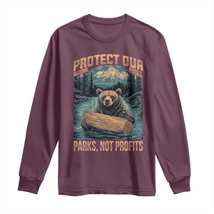 Protect Our National Parks Long Sleeve Shirt Parks Not Profits Bear Retro Graphic TS02 Maroon Print Your Wear