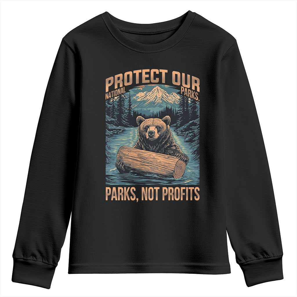 Protect Our National Parks Youth Sweatshirt Parks Not Profits Bear Retro Graphic TS02 Black Print Your Wear