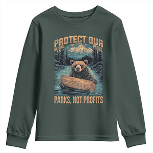 Protect Our National Parks Youth Sweatshirt Parks Not Profits Bear Retro Graphic TS02 Dark Forest Green Print Your Wear