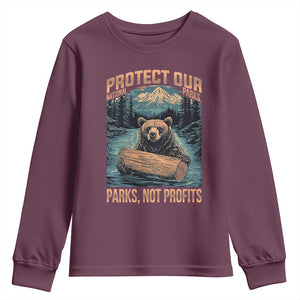 Protect Our National Parks Youth Sweatshirt Parks Not Profits Bear Retro Graphic TS02 Maroon Print Your Wear