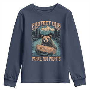 Protect Our National Parks Youth Sweatshirt Parks Not Profits Bear Retro Graphic TS02 Navy Print Your Wear