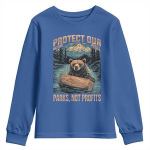 Protect Our National Parks Youth Sweatshirt Parks Not Profits Bear Retro Graphic TS02 Royal Blue Print Your Wear