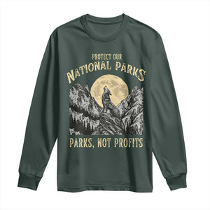 Protect Our National Parks Long Sleeve Shirt Parks Not Profits Wolf Retro Graphic TS02 Dark Forest Green Print Your Wear