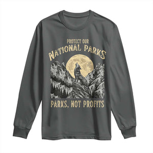 Protect Our National Parks Long Sleeve Shirt Parks Not Profits Wolf Retro Graphic TS02 Dark Heather Print Your Wear