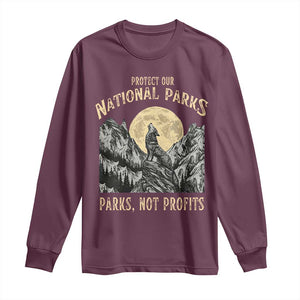 Protect Our National Parks Long Sleeve Shirt Parks Not Profits Wolf Retro Graphic TS02 Maroon Print Your Wear