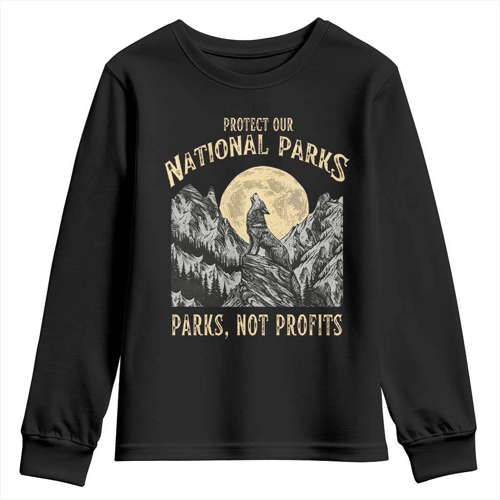 Protect Our National Parks Youth Sweatshirt Parks Not Profits Wolf Retro Graphic TS02 Black Print Your Wear