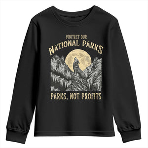 Protect Our National Parks Youth Sweatshirt Parks Not Profits Wolf Retro Graphic TS02 Black Print Your Wear