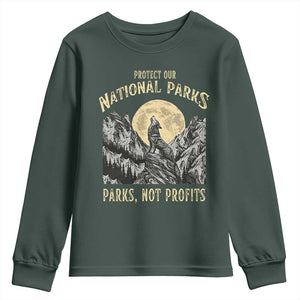 Protect Our National Parks Youth Sweatshirt Parks Not Profits Wolf Retro Graphic TS02 Dark Forest Green Print Your Wear