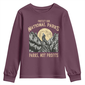 Protect Our National Parks Youth Sweatshirt Parks Not Profits Wolf Retro Graphic TS02 Maroon Print Your Wear