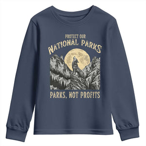 Protect Our National Parks Youth Sweatshirt Parks Not Profits Wolf Retro Graphic TS02 Navy Print Your Wear