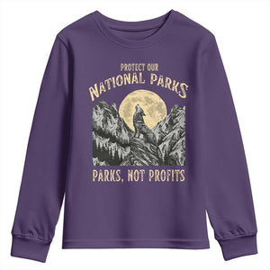 Protect Our National Parks Youth Sweatshirt Parks Not Profits Wolf Retro Graphic TS02 Purple Print Your Wear