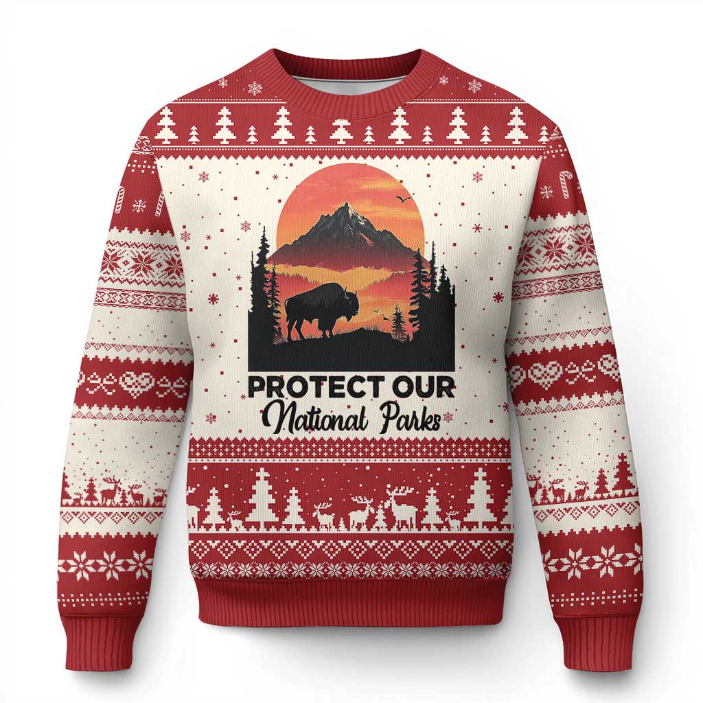 Protect Our National Parks Ugly Christmas Sweater Bison Buffalo Vintage Graphic TS02 Beige Red Print Your Wear