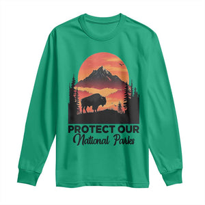 Protect Our National Parks Long Sleeve Shirt Bison Buffalo Vintage Graphic TS02 Irish Green Print Your Wear