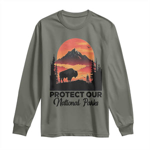 Protect Our National Parks Long Sleeve Shirt Bison Buffalo Vintage Graphic TS02 Military Green Print Your Wear