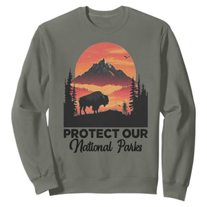 Protect Our National Parks Sweatshirt Bison Buffalo Vintage Graphic TS02 Military Green Print Your Wear