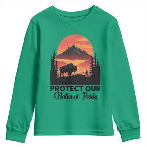 Protect Our National Parks Youth Sweatshirt Bison Buffalo Vintage Graphic TS02 Irish Green Print Your Wear