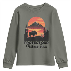 Protect Our National Parks Youth Sweatshirt Bison Buffalo Vintage Graphic TS02 Military Green Print Your Wear