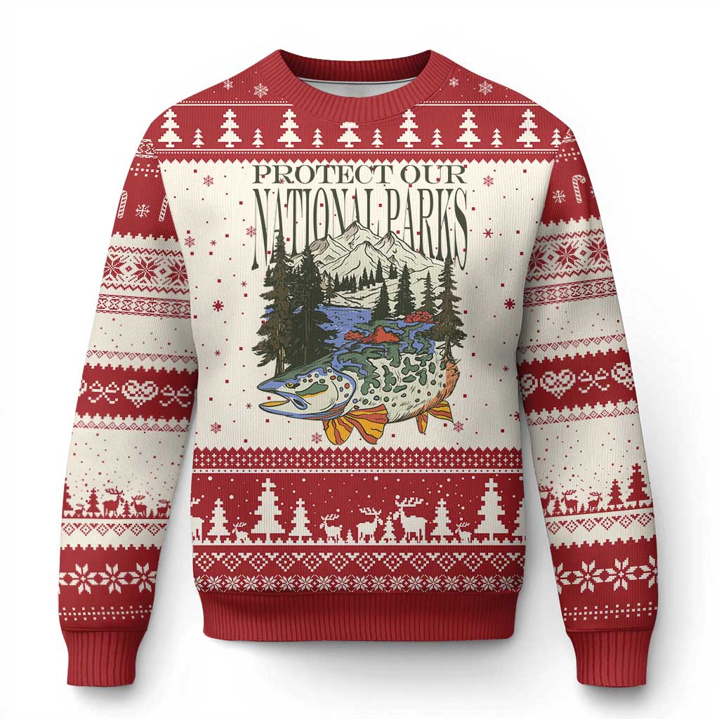 Protect Our National Parks Ugly Christmas Sweater Wildlife Fishing Outdoor Adventure Retro TS02 Beige Red Print Your Wear