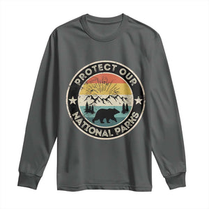 Protect Our National Parks Long Sleeve Shirt Bear Wildlife Retro Mountain Graphic TS02 Dark Heather Print Your Wear