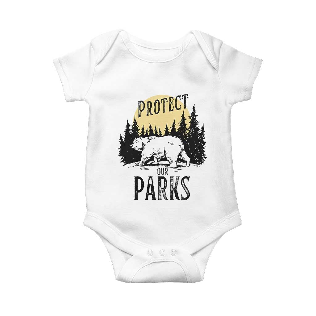 Protect Our Parks Baby Onesie Retro Bear Forest Nature Graphic TS02 White Print Your Wear