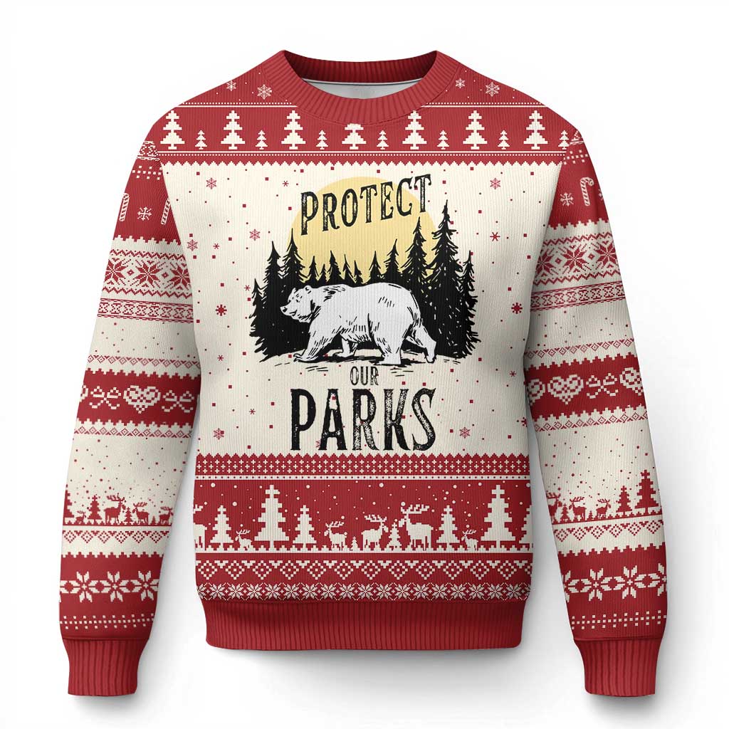 Protect Our Parks Ugly Christmas Sweater Retro Bear Forest Nature Graphic TS02 Beige Red Print Your Wear