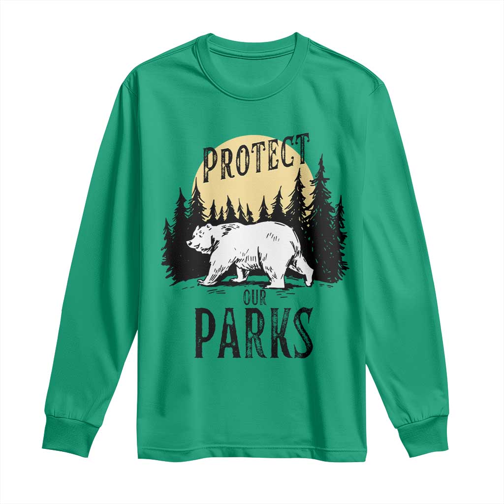 Protect Our Parks Long Sleeve Shirt Retro Bear Forest Nature Graphic TS02 Irish Green Print Your Wear