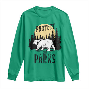 Protect Our Parks Long Sleeve Shirt Retro Bear Forest Nature Graphic TS02 Irish Green Print Your Wear