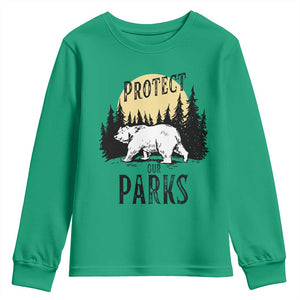 Protect Our Parks Youth Sweatshirt Retro Bear Forest Nature Graphic TS02 Irish Green Print Your Wear