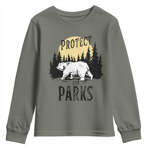 Protect Our Parks Youth Sweatshirt Retro Bear Forest Nature Graphic TS02 Military Green Print Your Wear