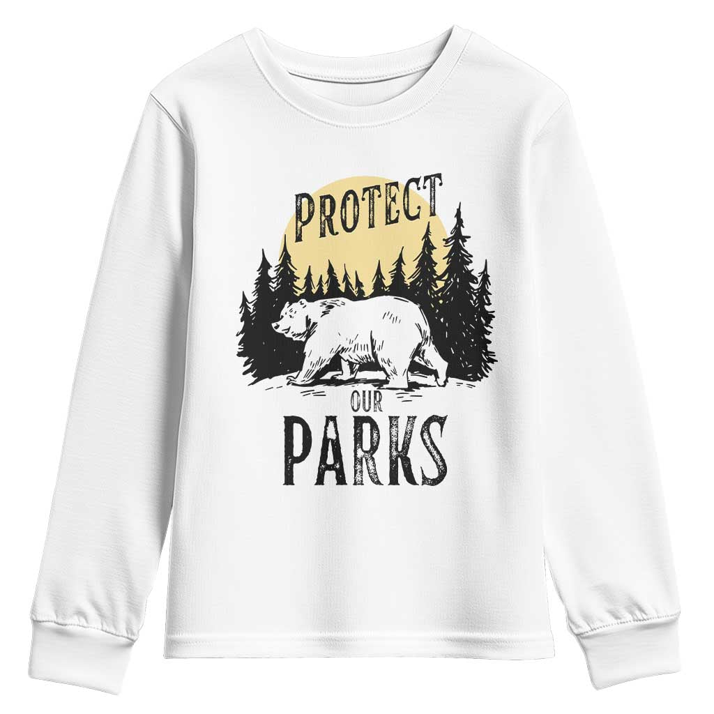 Protect Our Parks Youth Sweatshirt Retro Bear Forest Nature Graphic TS02 White Print Your Wear