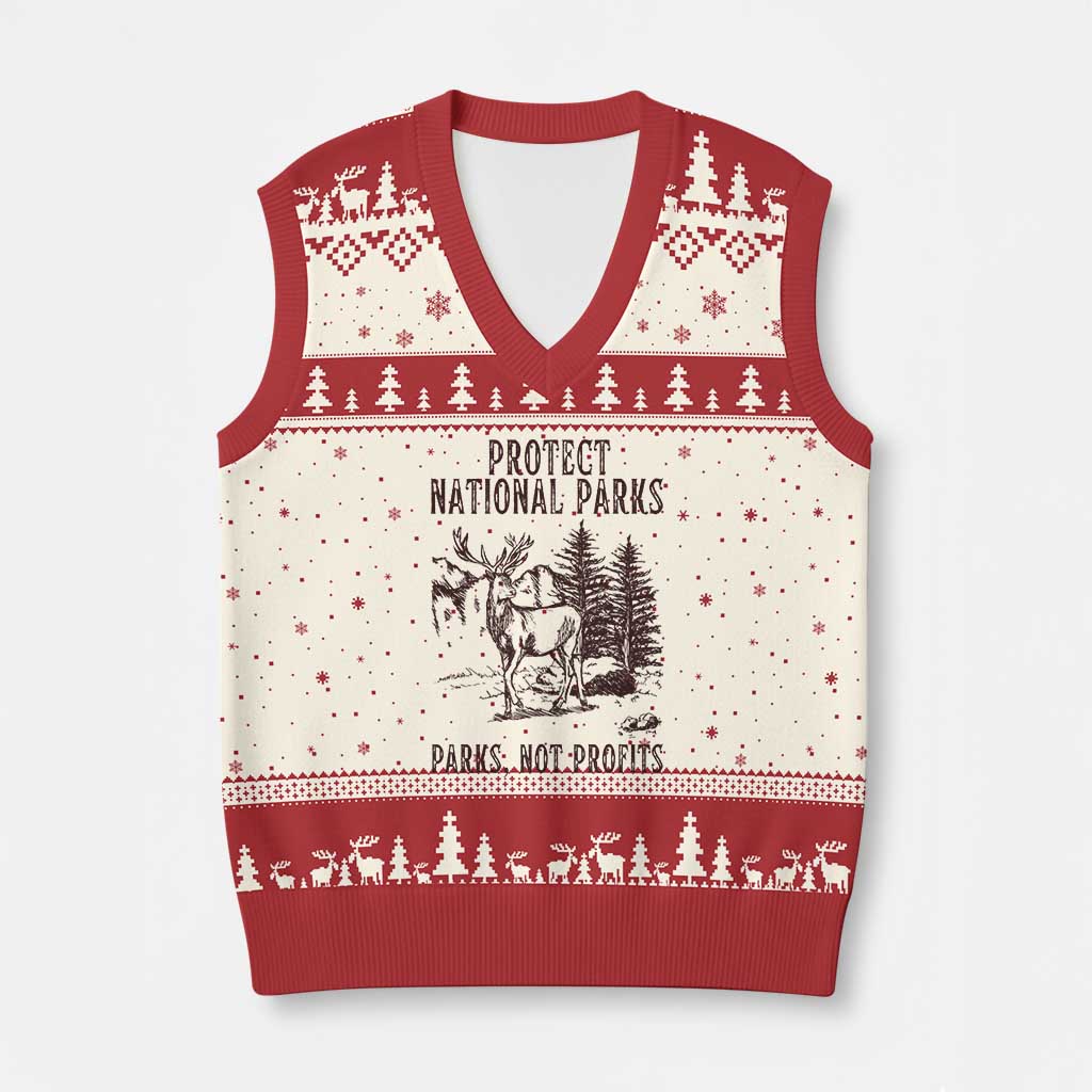 Protect National Parks V-Neck Knit Sweater Vest Support Parks Not Profits Deer TS02 Beige Red Print Your Wear